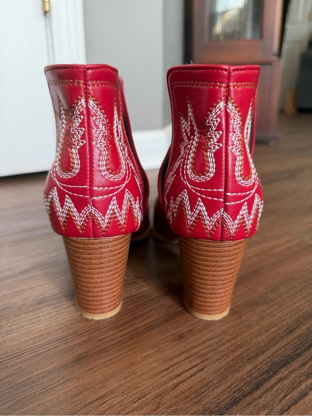 Red Western Ankle Boots with Embroidered Detail - Women